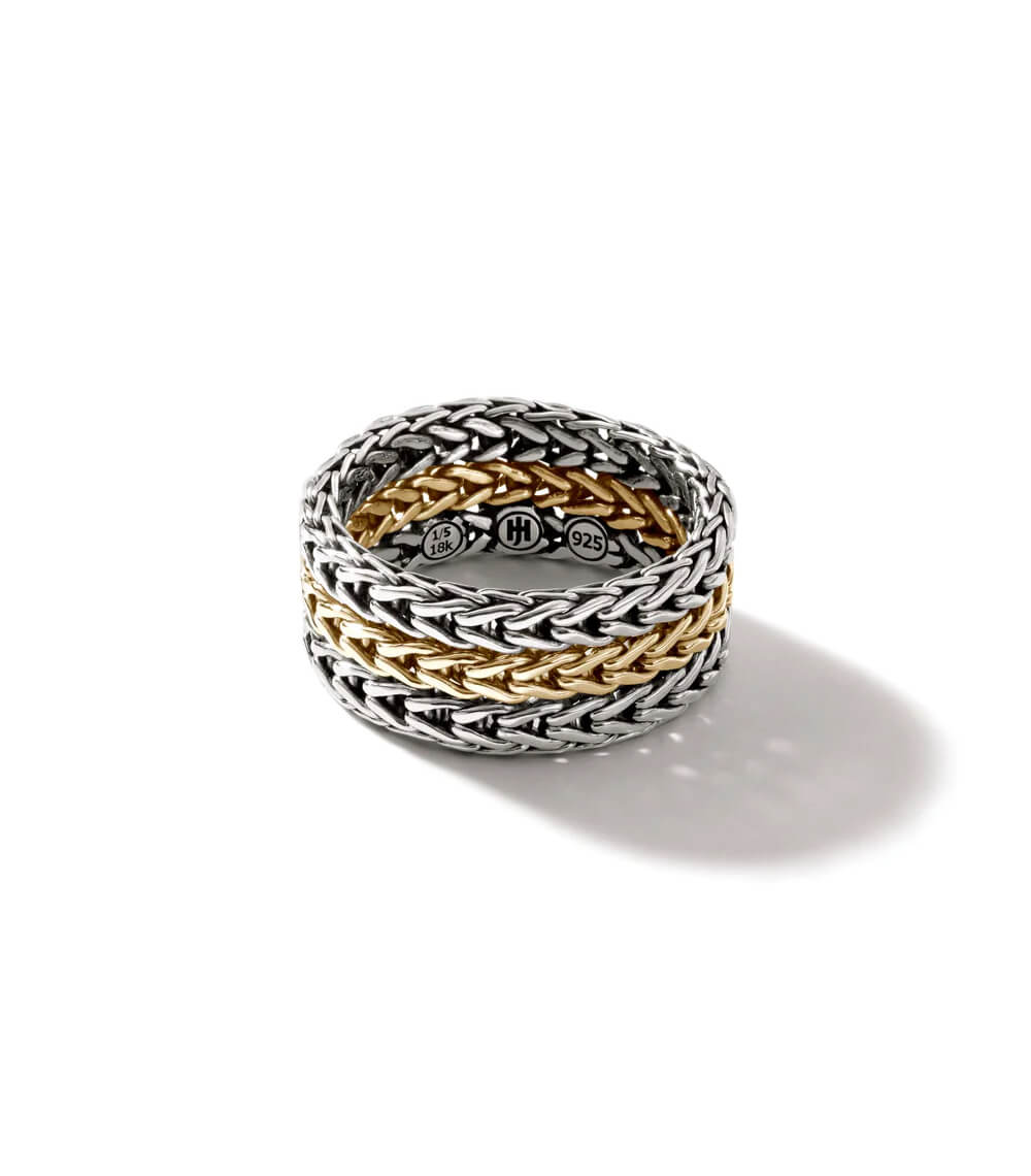 Anillo de plata esterlina 925 con detalles en oro de 18k, diseño trenzado y moderno, ideal para ocasiones especiales y uso diario.